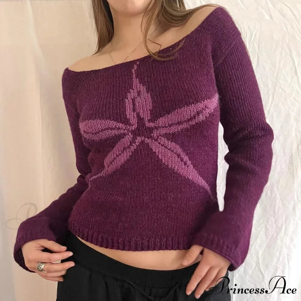 Off Shoulder Artistic Design Sweater Extended Sleeve Knit Top Women