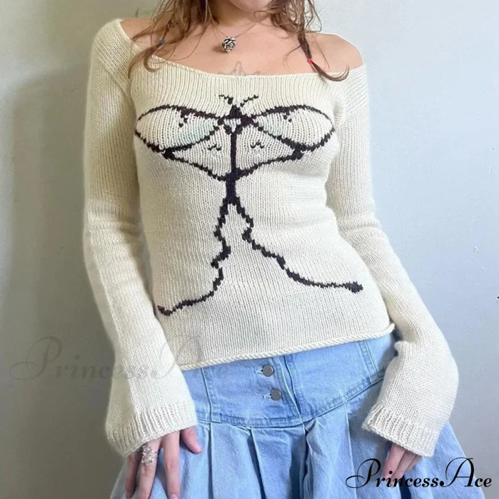 Off Shoulder Artistic Design Sweater Extended Sleeve Knit Top Women