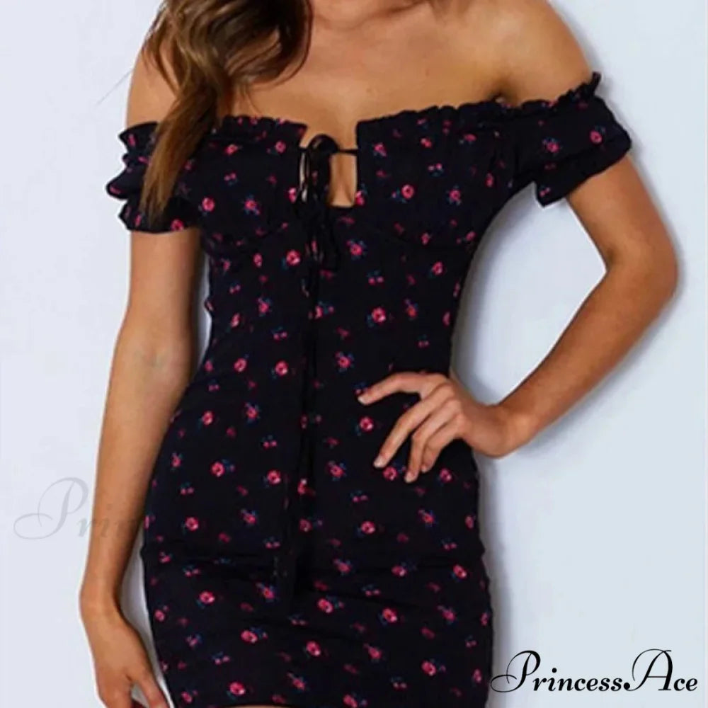 Off Shoulder Bind-Up Flower Pattern Frill Flower Dress