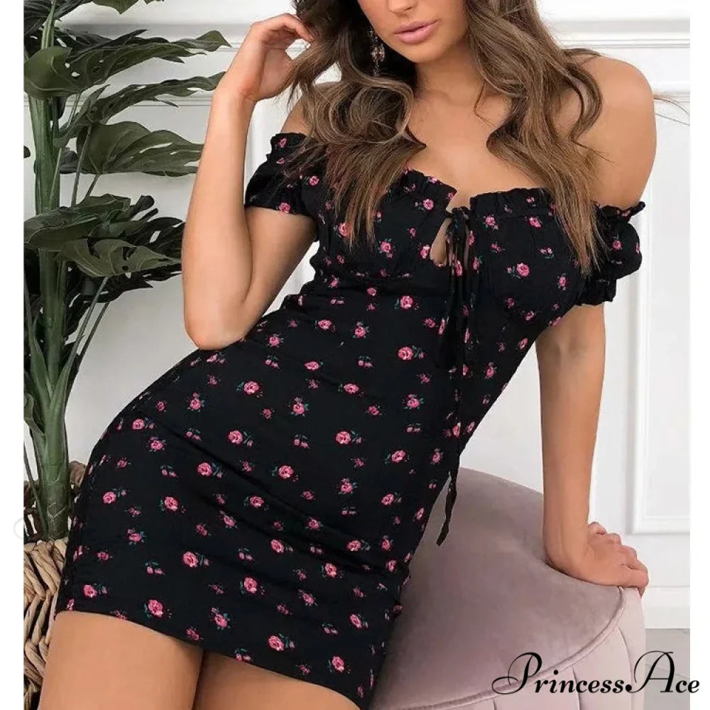 Off Shoulder Bind-Up Flower Pattern Frill Flower Dress