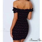 Off Shoulder Bind-Up Flower Pattern Frill Flower Dress