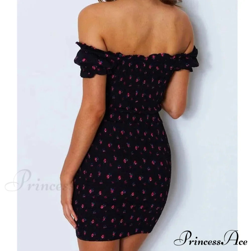 Off Shoulder Bind-Up Flower Pattern Frill Flower Dress