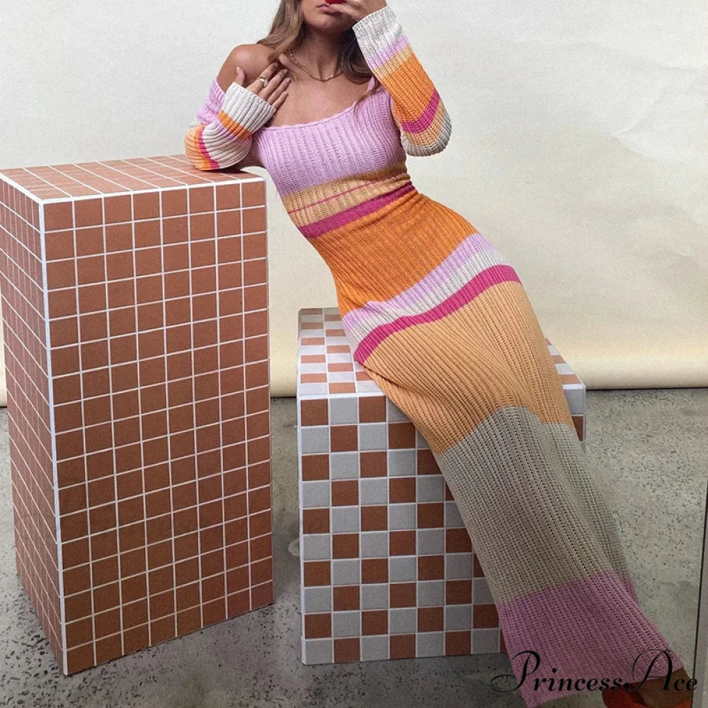 Off Shoulder Crochet Maxi Attire Vintage Patchwork Extended Sleeve Women