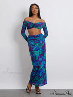 Off-Shoulder Crop Top High Waist Long Floral SkirtModified Title: Off-The-Shoulder Cropped Blouse Tall Waist Lengthy Flowered Skirt