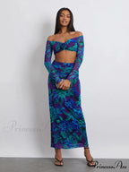 Off-Shoulder Crop Top High Waist Long Floral SkirtModified Title: Off-The-Shoulder Cropped Blouse Tall Waist Lengthy Flowered Skirt