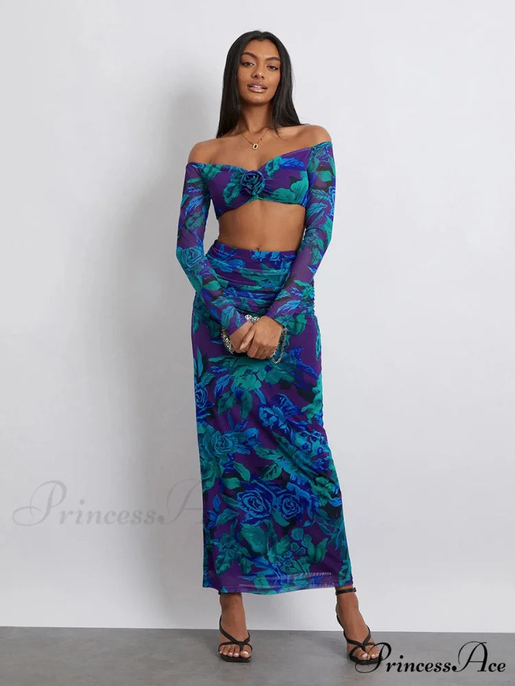 Off-Shoulder Crop Top High Waist Long Floral SkirtModified Title: Off-The-Shoulder Cropped Blouse Tall Waist Lengthy Flowered Skirt