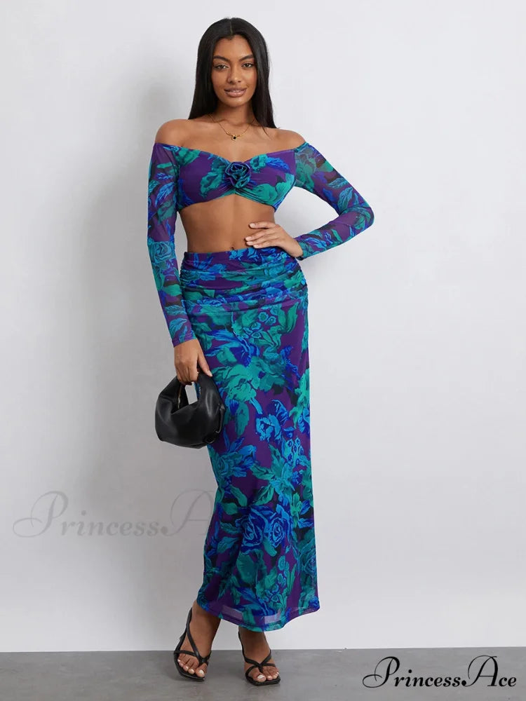 Off-Shoulder Crop Top High Waist Long Floral SkirtModified Title: Off-The-Shoulder Cropped Blouse Tall Waist Lengthy Flowered Skirt