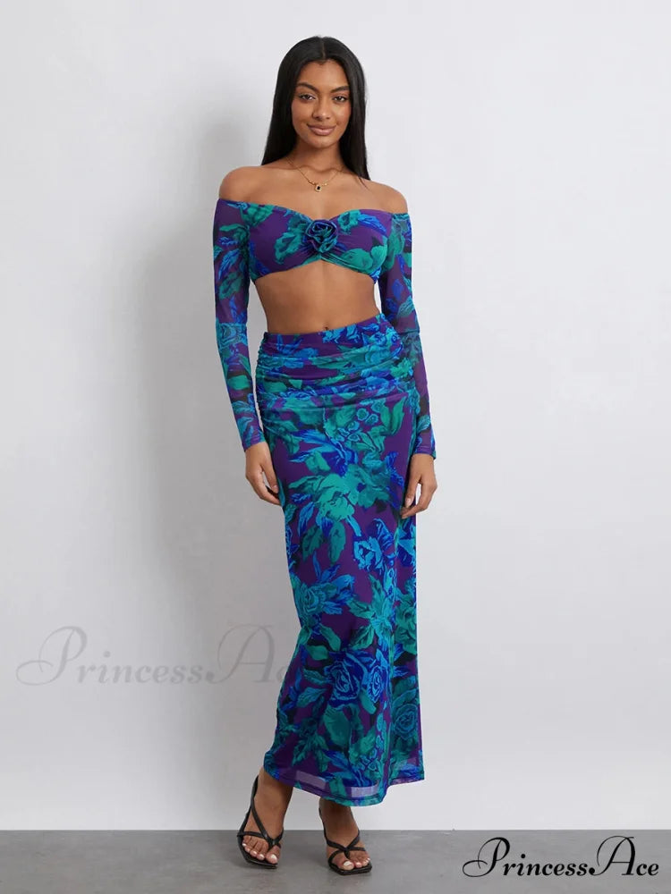Off-Shoulder Crop Top High Waist Long Floral SkirtModified Title: Off-The-Shoulder Cropped Blouse Tall Waist Lengthy Flowered Skirt