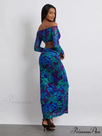 Off-Shoulder Crop Top High Waist Long Floral SkirtModified Title: Off-The-Shoulder Cropped Blouse Tall Waist Lengthy Flowered Skirt
