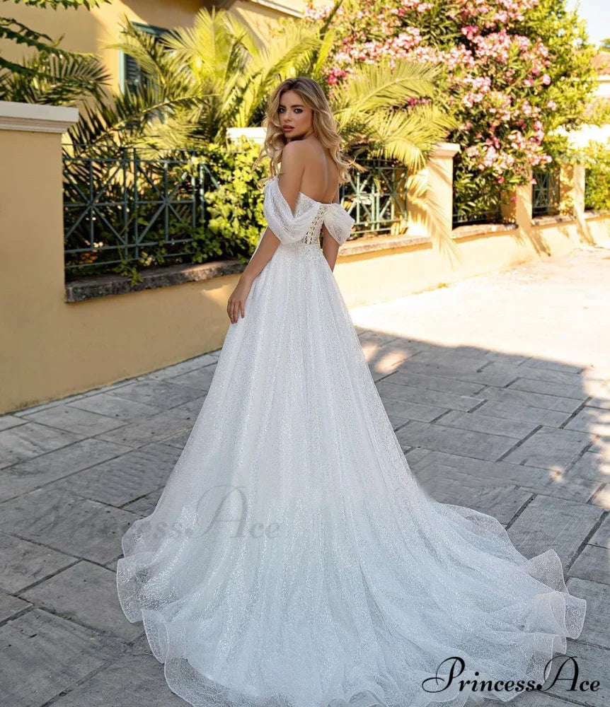 Off-Shoulder Deep V Glitter Wedding Gown