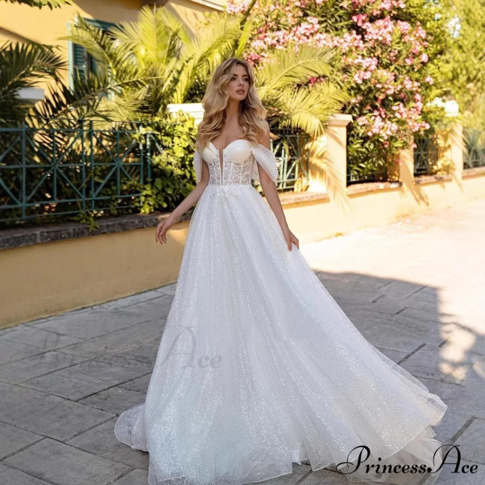 Off-Shoulder Deep V Glitter Wedding Gown