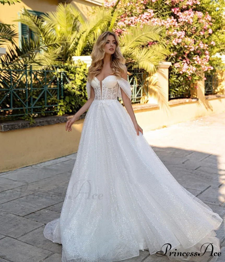 Off-Shoulder Deep V Glitter Wedding Gown