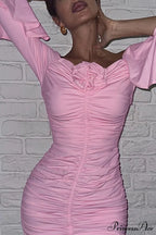 Off-Shoulder Dress with Flares Sleeves and Floral Gathered Design