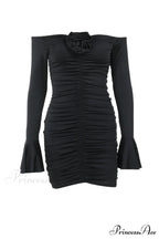 Off-Shoulder Dress with Flares Sleeves and Floral Gathered Design