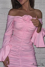 Off-Shoulder Dress with Flares Sleeves and Floral Gathered Design