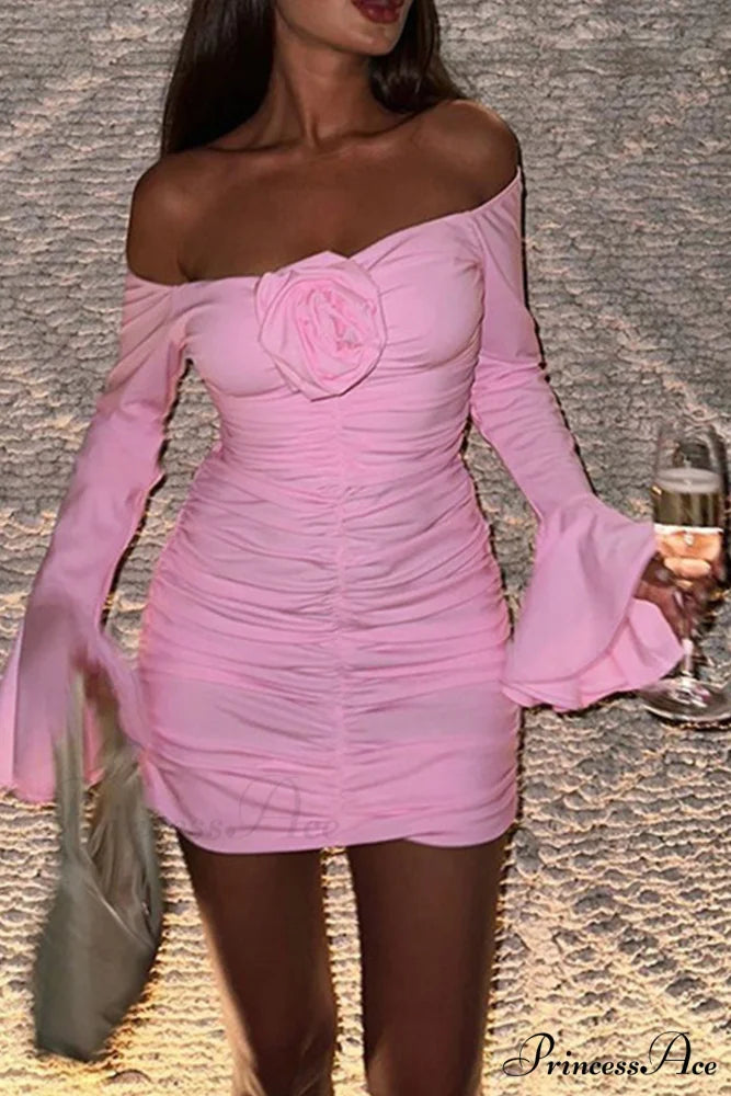 Off-Shoulder Dress with Flares Sleeves and Floral Gathered Design