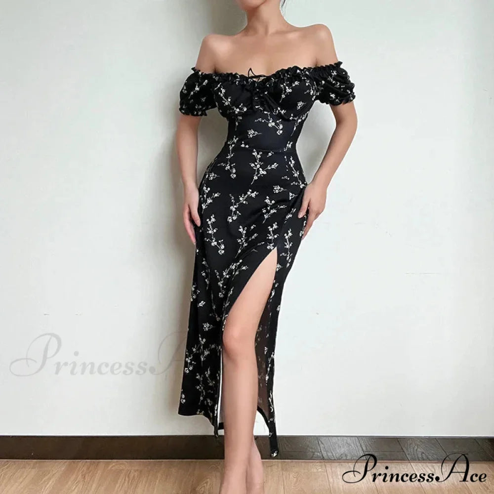 Off Shoulder Flower Print High Split Elegant Long Backless Bodycon Summer Floral Dress