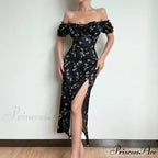 Off Shoulder Flower Print High Split Elegant Long Backless Bodycon Summer Floral Dress