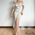 Off Shoulder Flower Print High Split Elegant Long Backless Bodycon Summer Floral Dress