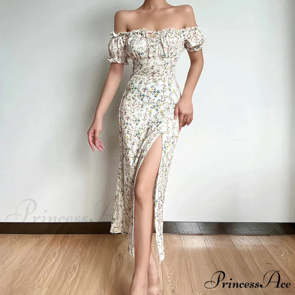 Off Shoulder Flower Print High Split Elegant Long Backless Bodycon Summer Floral Dress