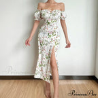 Off Shoulder Flower Print High Split Elegant Long Backless Bodycon Summer Floral Dress