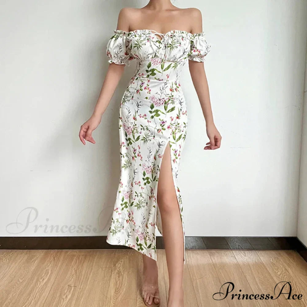Off Shoulder Flower Print High Split Elegant Long Backless Bodycon Summer Floral Dress