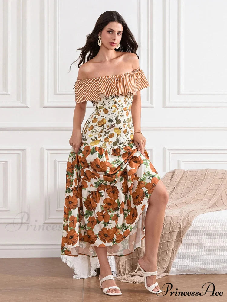 Off-Shoulder Frilled Gathered Retro Striped Fruit Flower Floral Dress