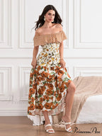 Off-Shoulder Frilled Gathered Retro Striped Fruit Flower Floral Dress