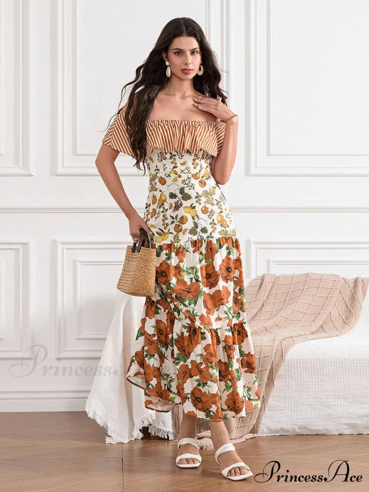 Off-Shoulder Frilled Gathered Retro Striped Fruit Flower Floral Dress