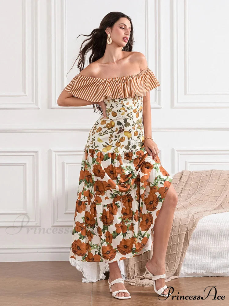 Off-Shoulder Frilled Gathered Retro Striped Fruit Flower Floral Dress