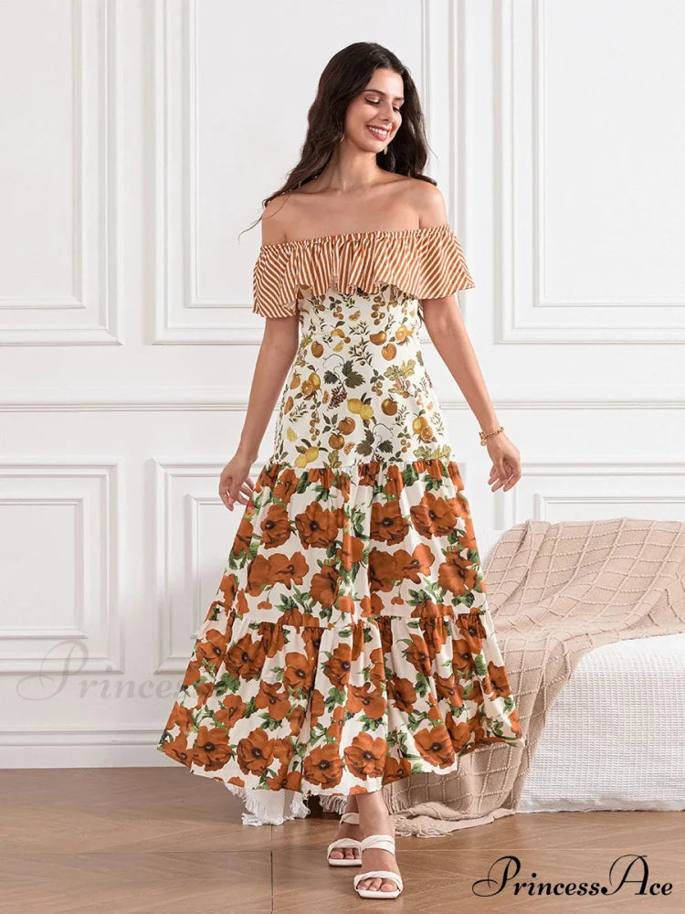 Off-Shoulder Frilled Gathered Retro Striped Fruit Flower Floral Dress