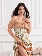 Off-Shoulder Frilled Gathered Retro Striped Fruit Flower Floral Dress