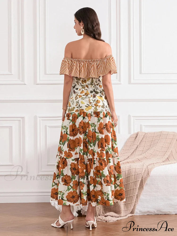 Off-Shoulder Frilled Gathered Retro Striped Fruit Flower Floral Dress