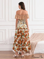 Off-Shoulder Frilled Gathered Retro Striped Fruit Flower Floral Dress