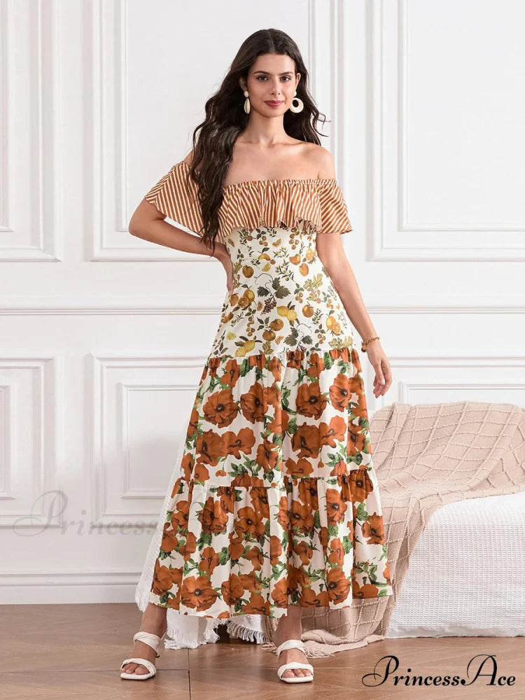 Off-Shoulder Frilled Gathered Retro Striped Fruit Flower Floral Dress