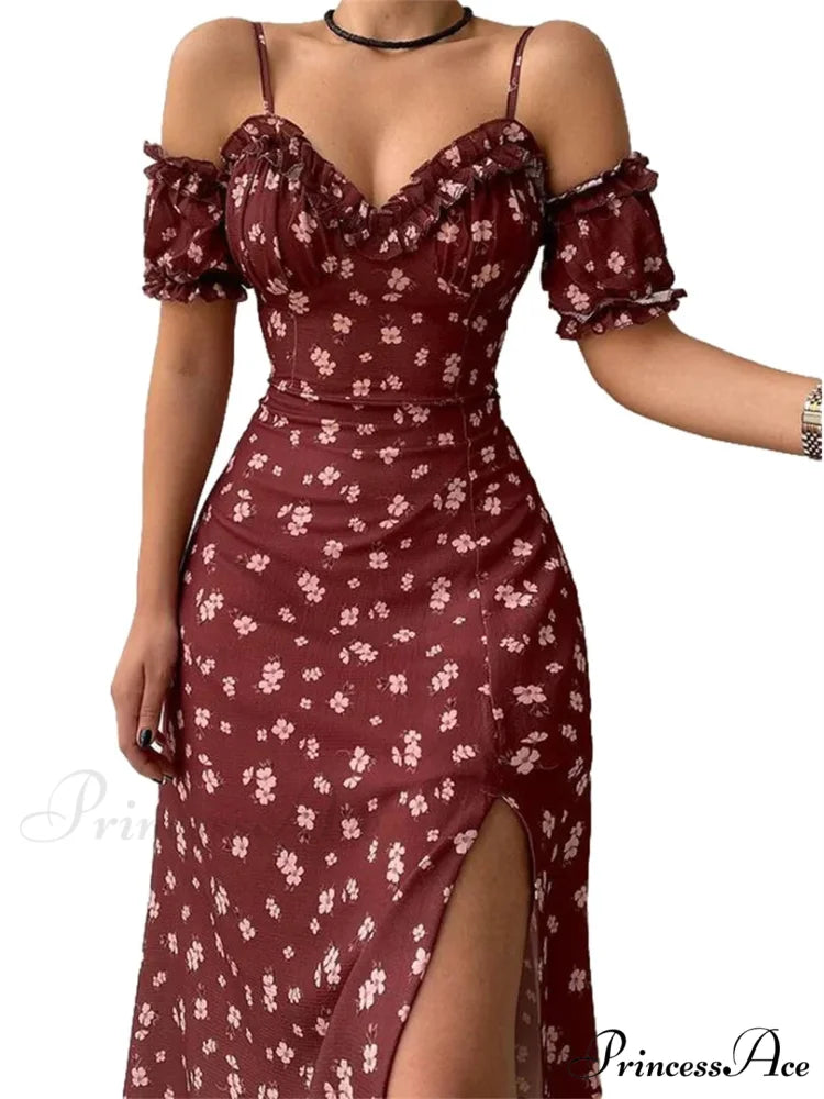 Off-Shoulder Frilly Suspender Short Sleeve Split Mid-Length A-Line Floral DressModified Title: Off-The-Shoulder Ruffled Suspenders Short Sleeves Split Midi A-Line Floral Dress