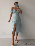 Off Shoulder Frilly Suspender V-neck Split Floral A-Line Midi Dress