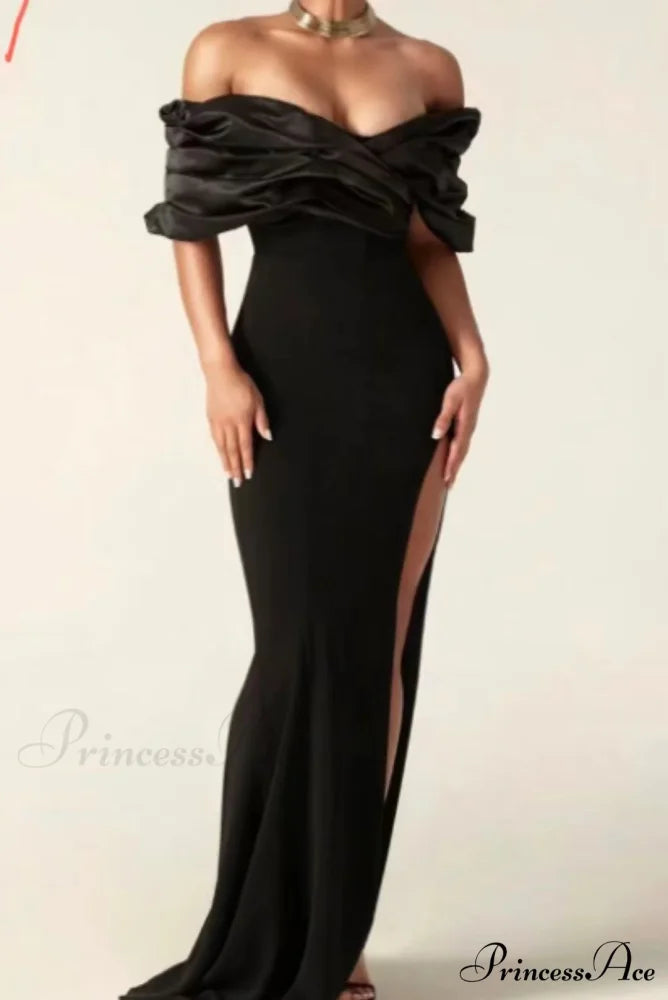 Off-Shoulder Gathered Slit Prom Gown