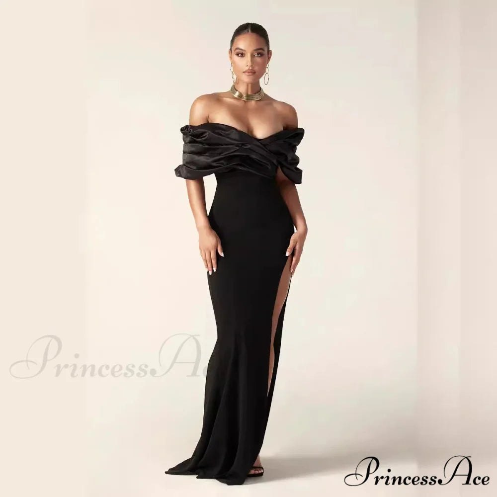 Off-Shoulder Gathered Slit Prom Gown
