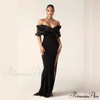 Off-Shoulder Gathered Slit Prom Gown