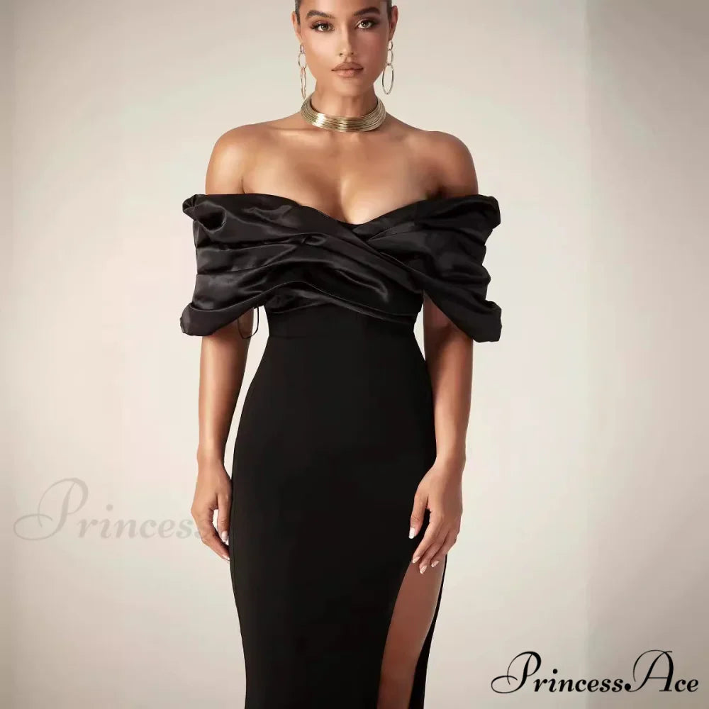 Off-Shoulder Gathered Slit Prom Gown