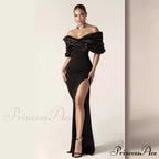 Off-Shoulder Gathered Slit Prom Gown