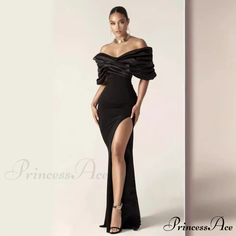 Off-Shoulder Gathered Slit Prom Gown