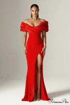Off-Shoulder Gathered Slit Prom Gown