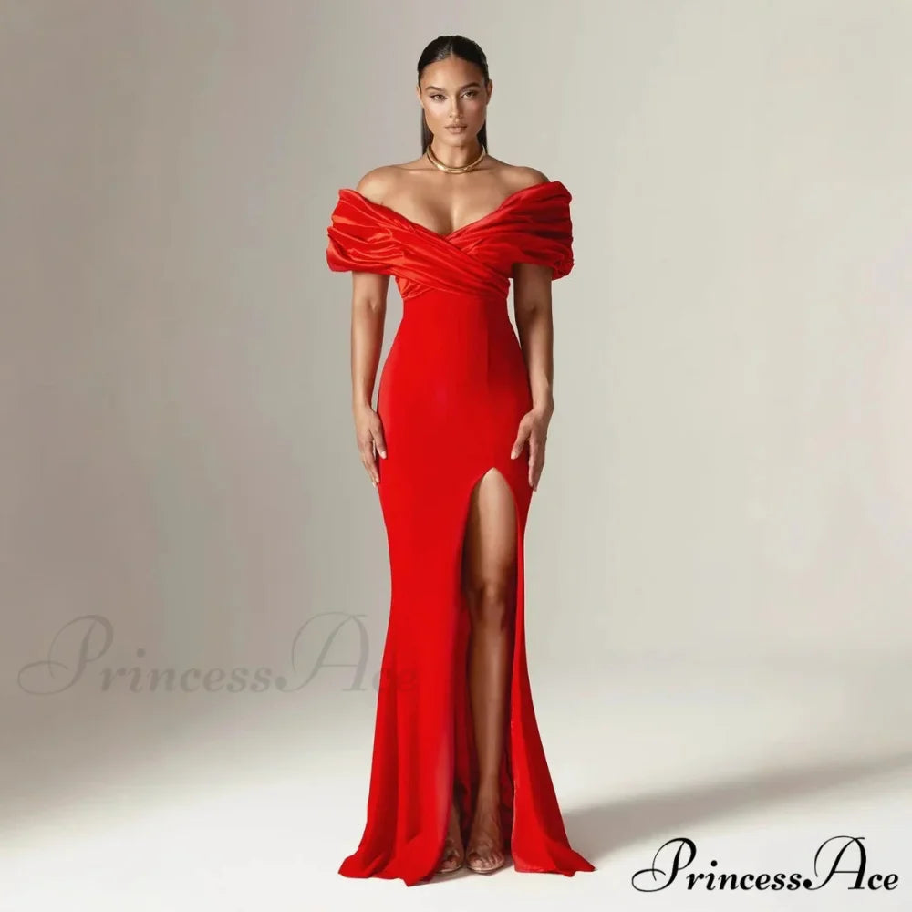 Off Shoulder Gathered Slit Silk Maxi Prom Gown