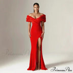 Off Shoulder Gathered Slit Silk Maxi Prom Gown