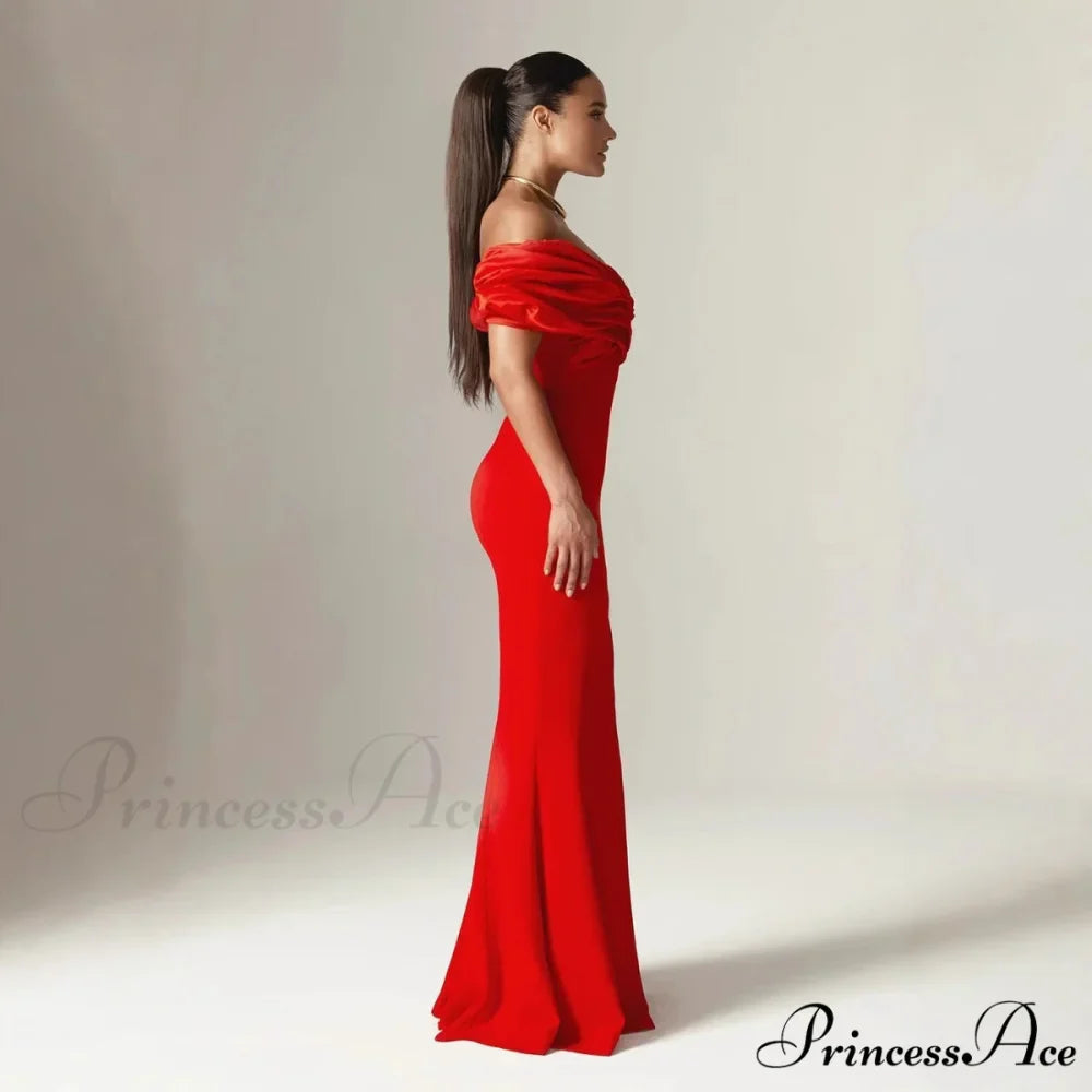 Off Shoulder Gathered Slit Silk Maxi Prom Gown