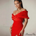 Off Shoulder Gathered Slit Silk Maxi Prom Gown