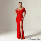 Off Shoulder Gathered Slit Silk Maxi Prom Gown