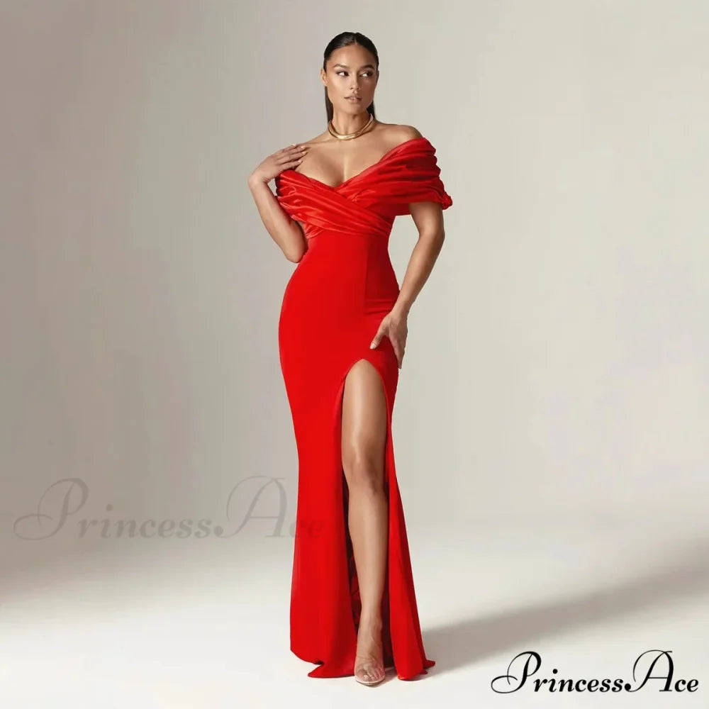 Off Shoulder Gathered Slit Silk Maxi Prom Gown